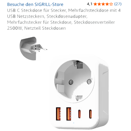 Adaptateur d'alimentation USB Sigrill : photo du produit rappelé le 24/04/2026