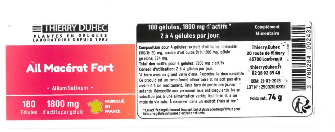 Ail macerat fort Thierry Duhec : photo du produit rappelé le 22/06/2026