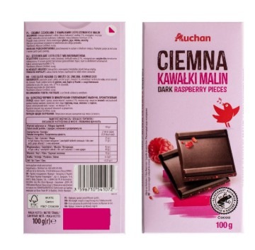 Auchan chocolat noir 57% framboises 100g : photo du produit rappelé le 23/09/2026