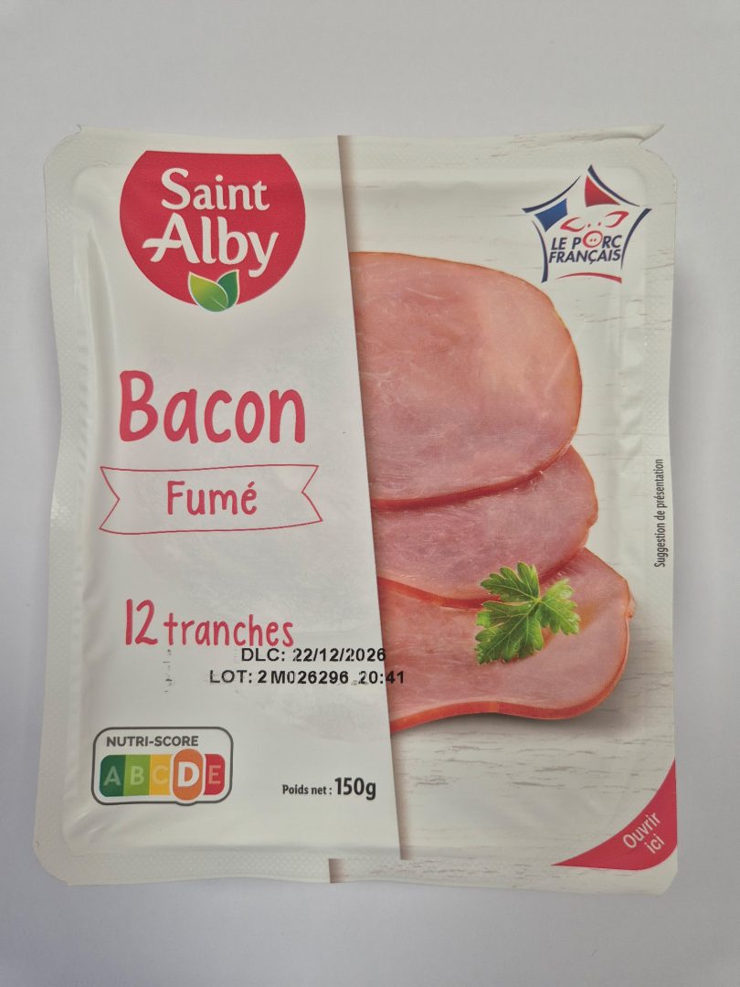 Bacon fumé 12 tranches Saint Alby : photo du produit rappelé le 28/10/2026