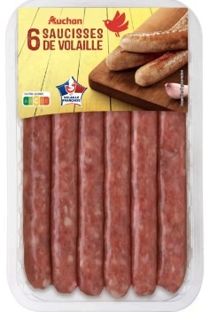 Barquette 6 saucisse volaille nature Auchan : photo du produit rappelé le 02/07/2026