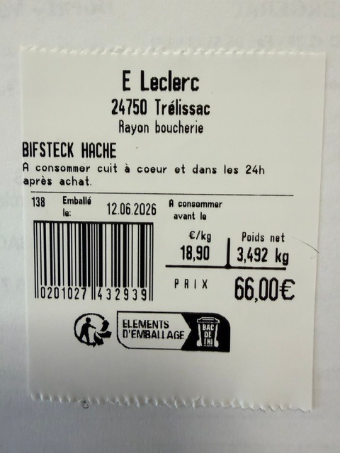 Bifsteck hache : photo du produit rappelé le 15/06/2026