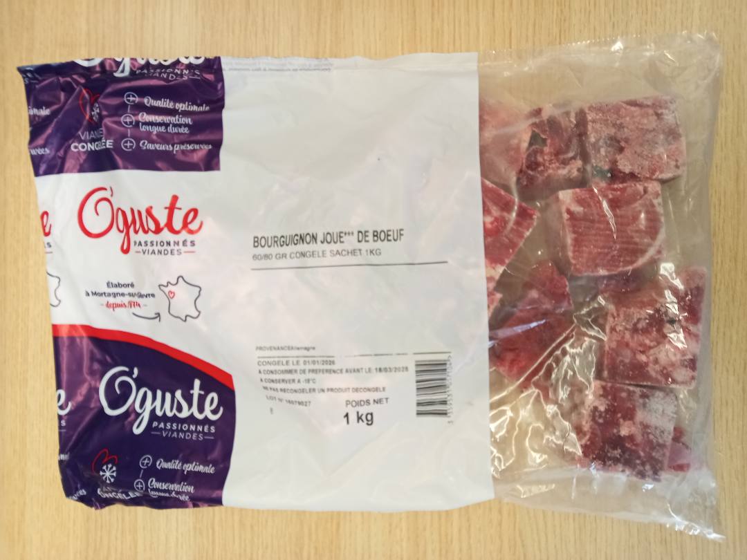 Bourguignon joue*** de boeuf 60/80g sachet 1kg, congele O'guste : photo du produit rappelé le 13/05/2026