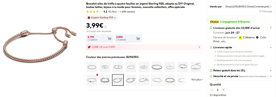 Bracelet ailes de trèfle à quatre feuilles en argent sterling 925, adapté : photo 2 sur 2 du produit rappelé le 23/06/2026