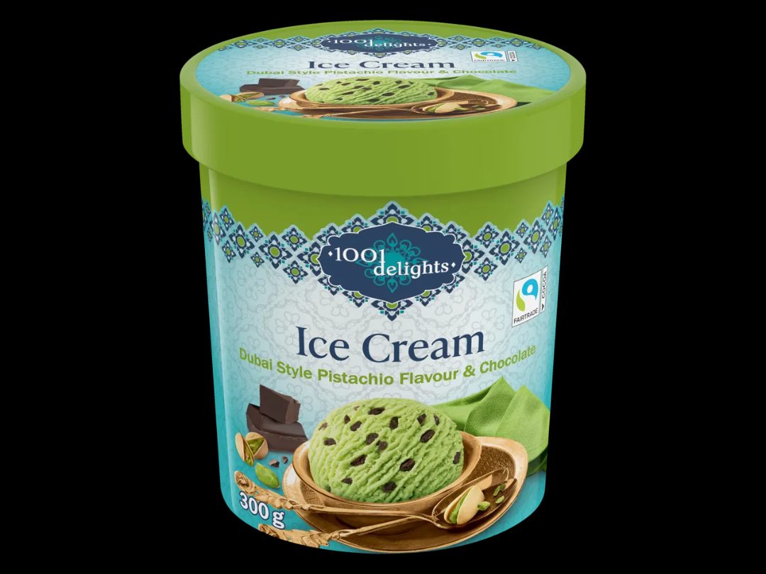 Crème glacée dubaï style saveur pistache et chocolat 500ml 1001 Delights : photo du produit rappelé le 15/07/2026