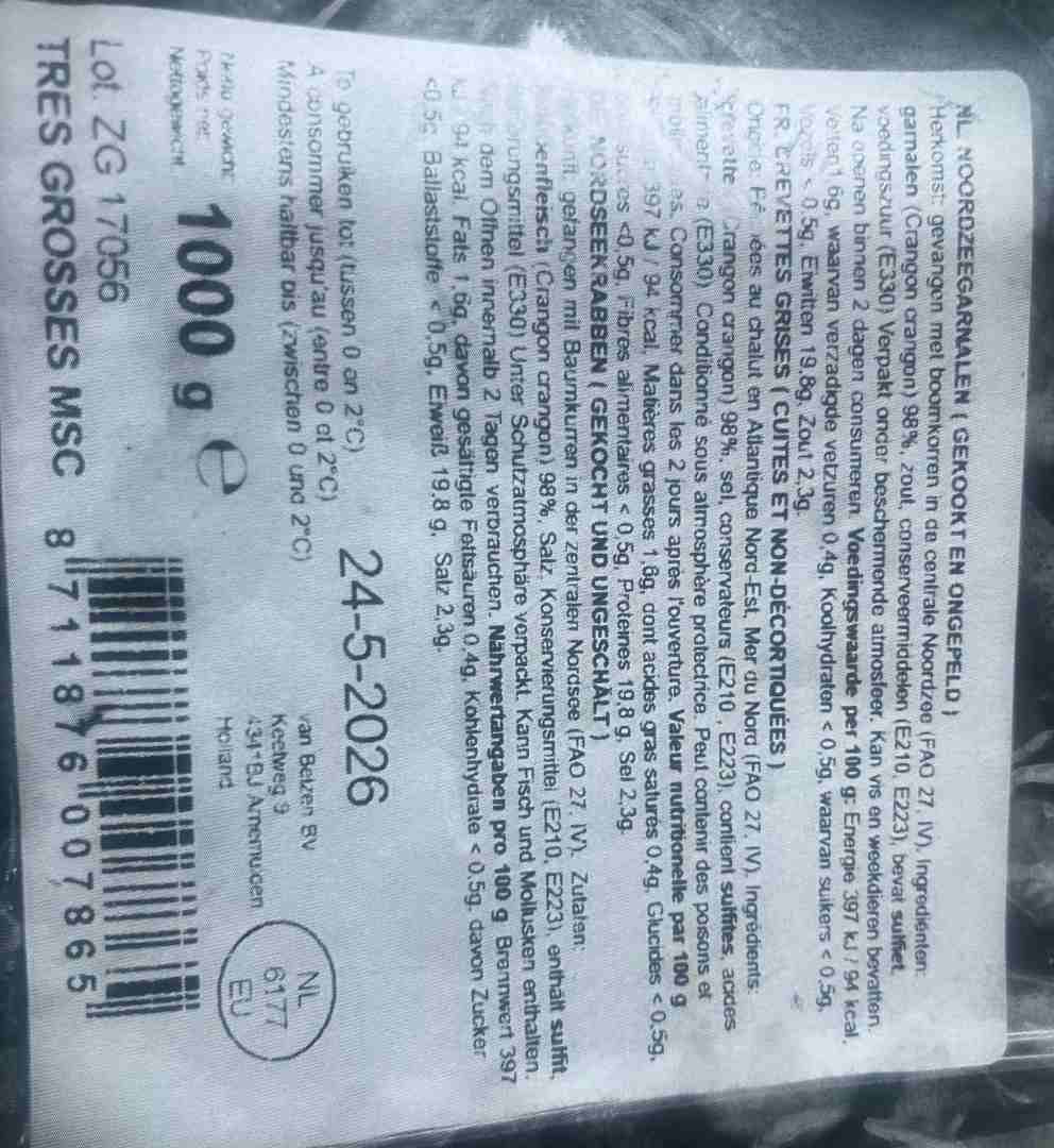 Crevettes grises cuites non Van Belzen BV - Distributeur Zeelandia : photo 2 sur 2 du produit rappelé le 28/05/2026