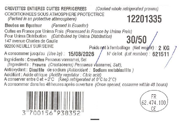Crevettes roses cuites étal poissonnerie : photo 2 sur 3 du produit rappelé le 07/08/2026