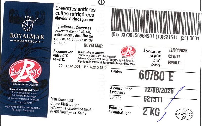 Crevettes roses cuites étal poissonnerie : photo 3 sur 3 du produit rappelé le 07/08/2026