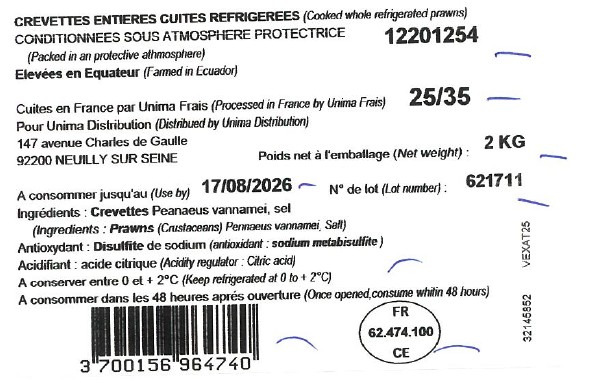 Crevettes roses cuites étal poissonnerie : photo 2 sur 5 du produit rappelé le 11/08/2026