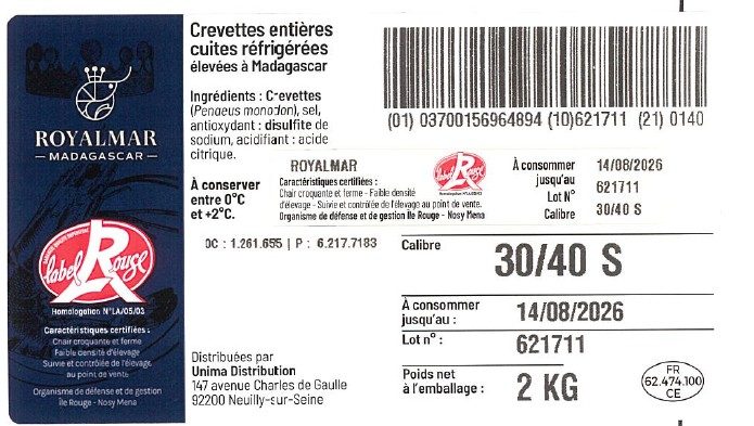 Crevettes roses cuites étal poissonnerie : photo 5 sur 5 du produit rappelé le 11/08/2026