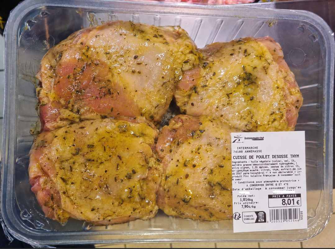 Cuisse de poulet desossé marinée thym : photo du produit rappelé le 14/08/2026
