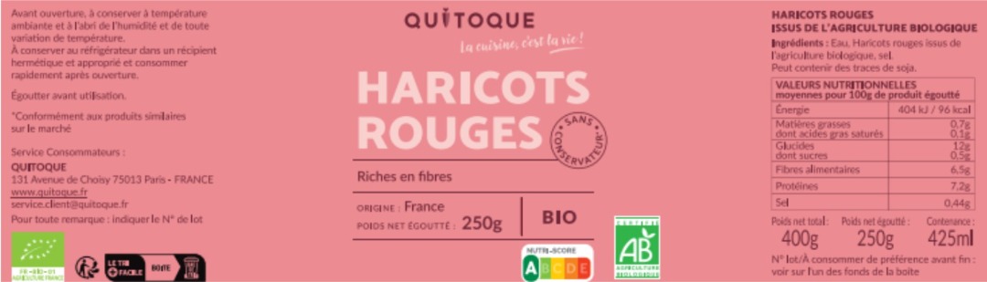 Haricots rouge bio 265g Quitoque : photo du produit rappelé le 29/06/2026