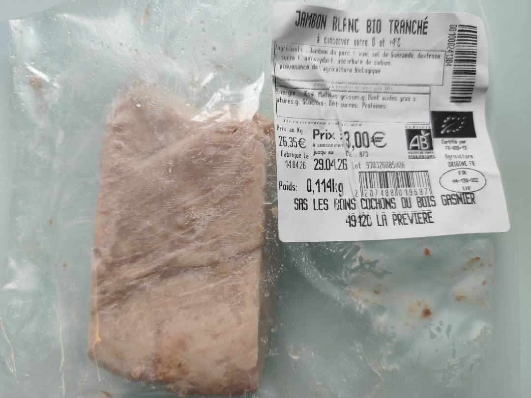 Jambon blanc bio tranché : photo du produit rappelé le 17/04/2026