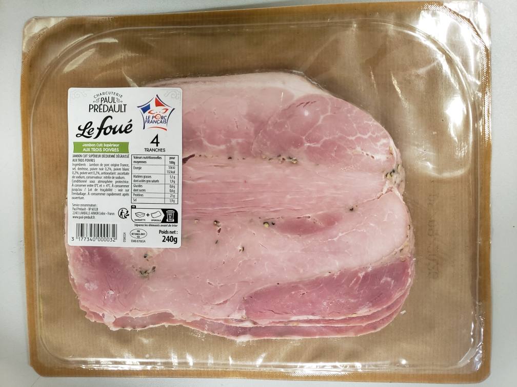 Le foué jambon cuit supérieur aux 3 poivres 4 tranches 240 g Paul Predault : photo du produit rappelé le 20/08/2026