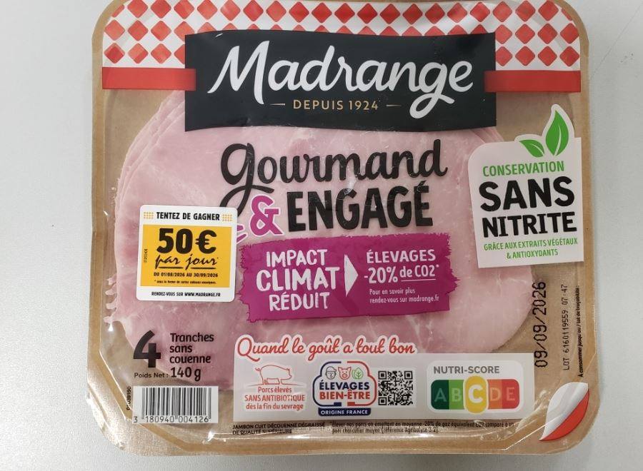 Le jambon gourmand & engagé impact climat réduit sans nitrite Madrange : photo du produit rappelé le 20/08/2026