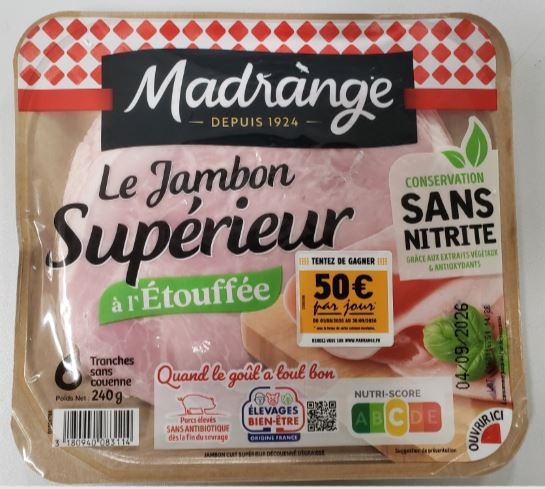 Le jambon supérieur à l’étouffée sans couenne conservation Madrange : photo du produit rappelé le 20/08/2026