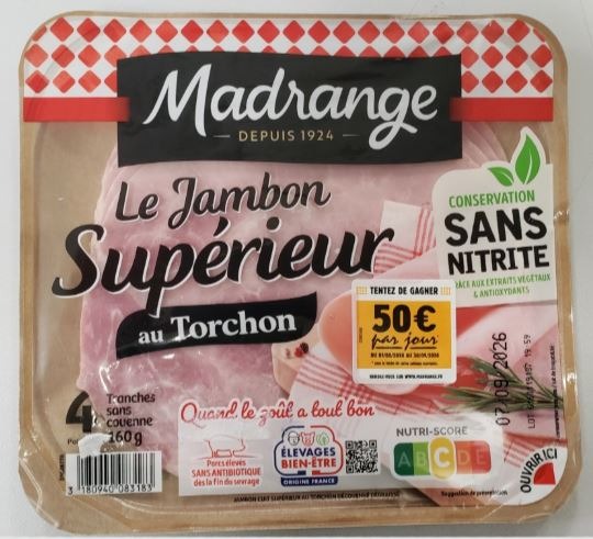 Le jambon supérieur au torchon sans nitrite 4 tranches 160 g Madrange : photo du produit rappelé le 20/08/2026