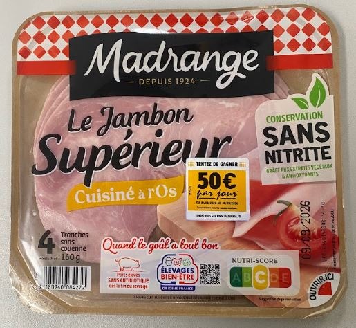 Le jambon supérieur cuisiné à l’os sans nitrite 4 tranches 160 g Madrange : photo du produit rappelé le 20/08/2026
