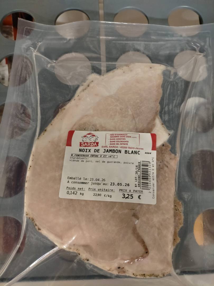 Noix de jambon blanc ou talon de jambonc blanc Sarl Sarda : photo du produit rappelé le 13/05/2026