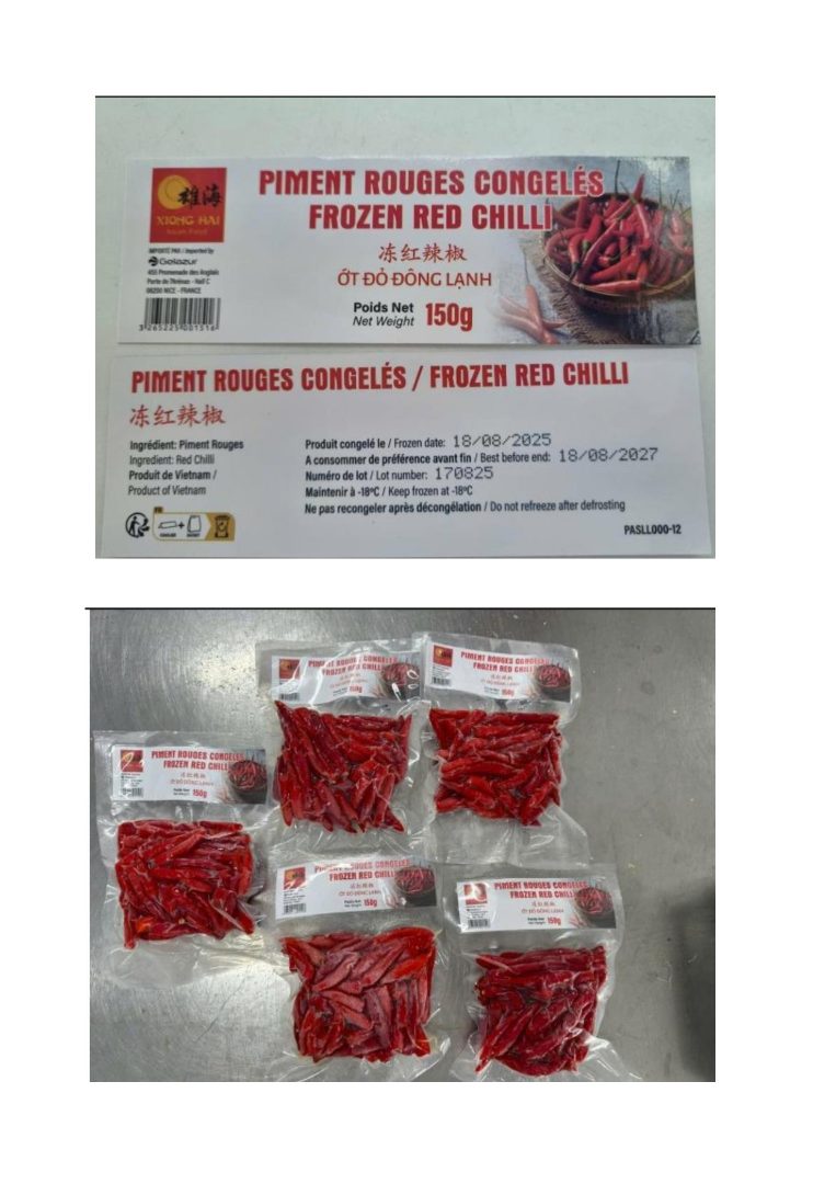 Piment rouge congele Xiong -Hai : photo du produit rappelé le 29/07/2026