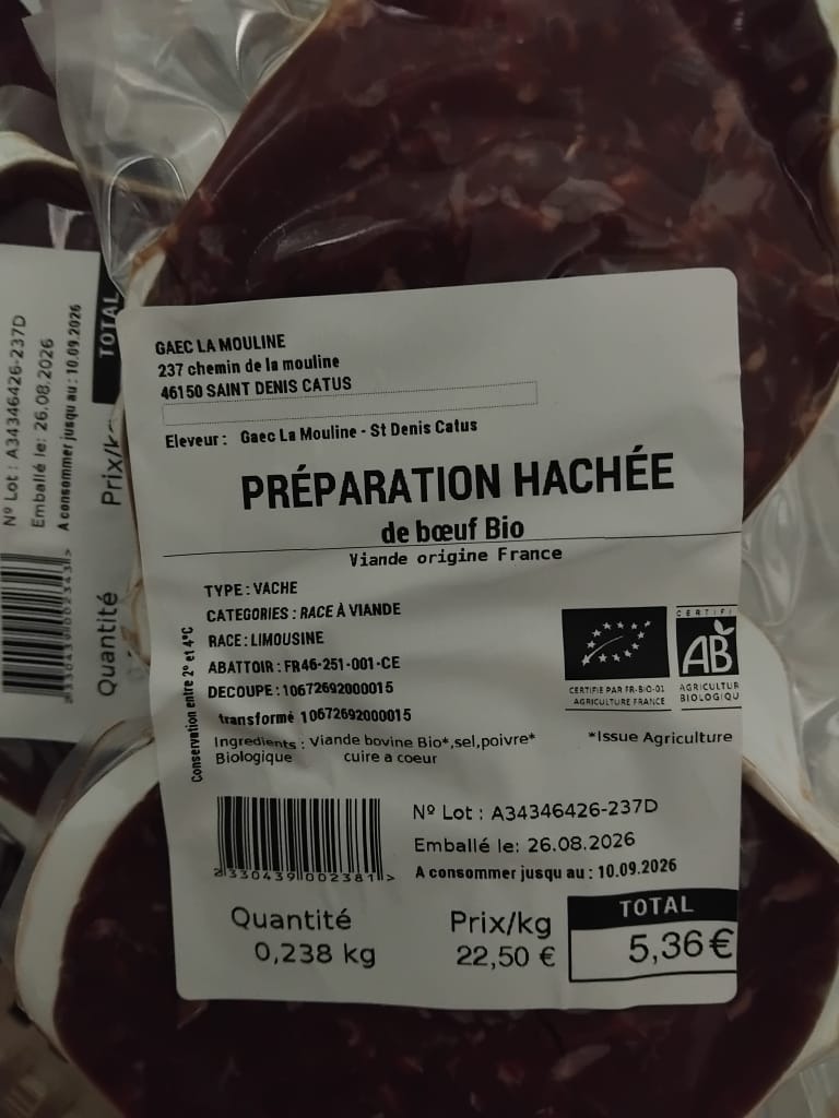 Préparation hachée de bœuf Sas de la Fourche A la Fourchette en Bouriane : photo du produit rappelé le 03/09/2026