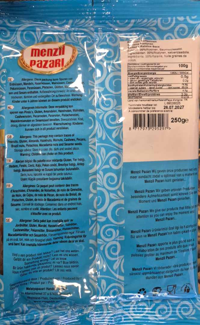 Raisins secs sultana 250 g Menzil Pazari : photo 2 sur 2 du produit rappelé le 16/10/2026