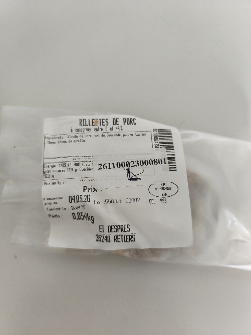Rillettes de porc : photo du produit rappelé le 23/04/2026