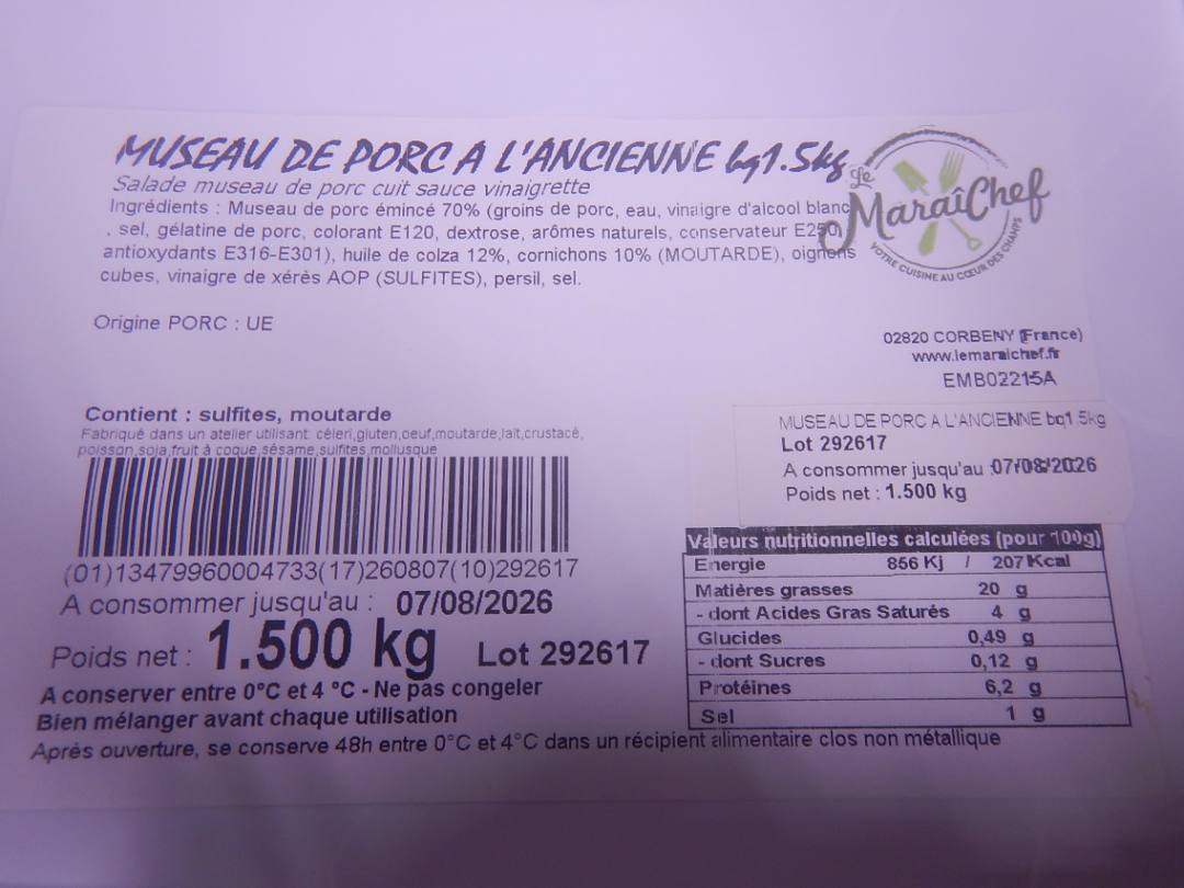 Salade museau de porc a l'ancienne Le Maraichef : photo du produit rappelé le 28/07/2026