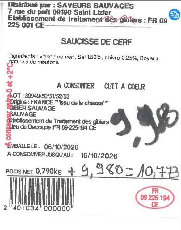 Saucisse de cerf Saveurs Sauvages : photo du produit rappelé le 15/10/2026