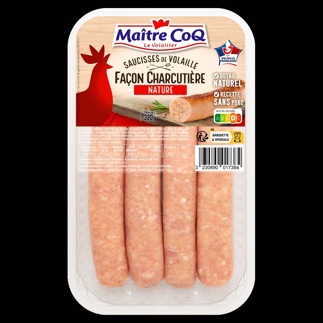 Saucisse de volaille façon charcutière nature / herbes / merguez Maitre Coq : photo du produit rappelé le 02/10/2026