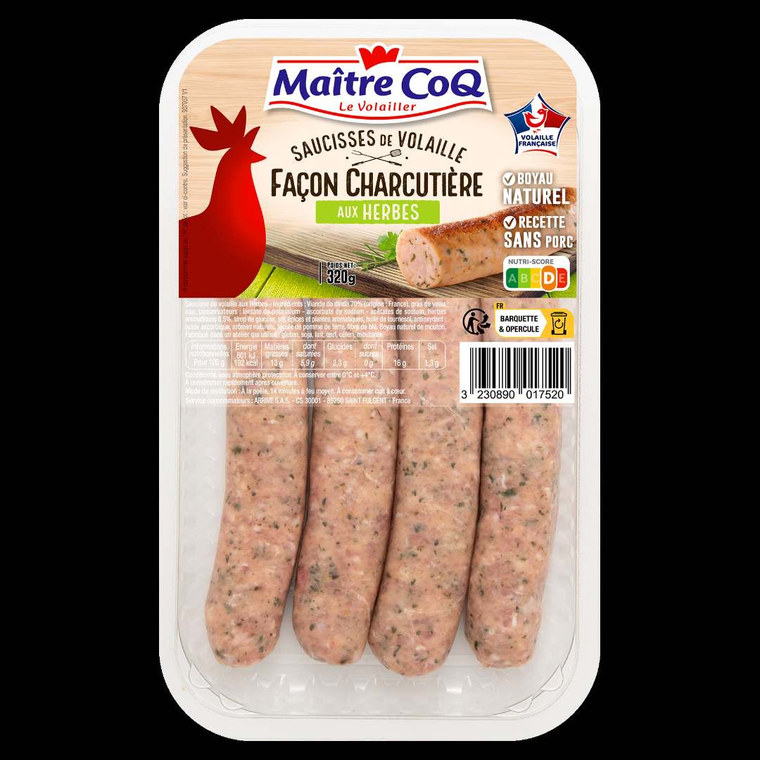 Saucisse de volaille façon charcutière nature / herbes / merguez Maitre Coq : photo 2 sur 3 du produit rappelé le 02/10/2026