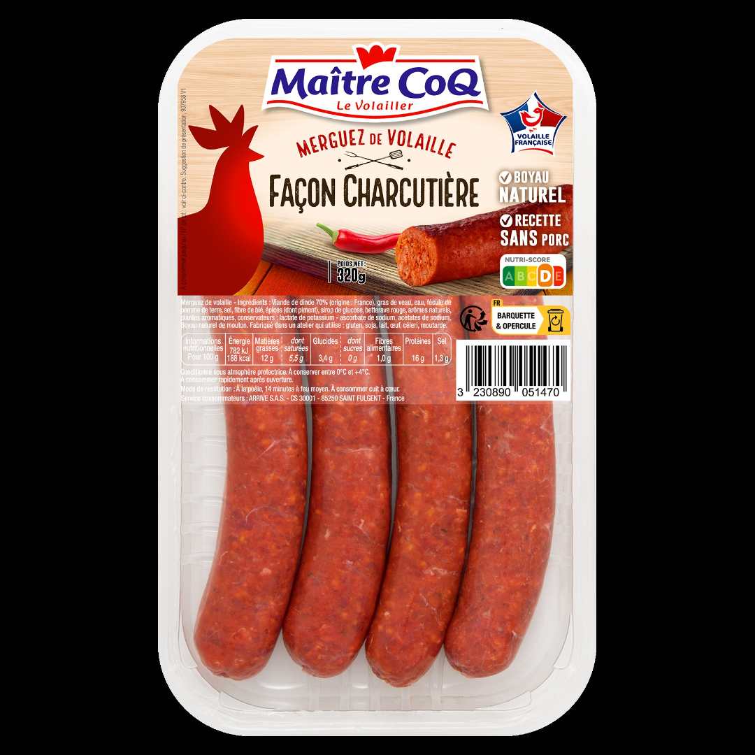 Saucisse de volaille façon charcutière nature / herbes / merguez Maitre Coq : photo 3 sur 3 du produit rappelé le 02/10/2026