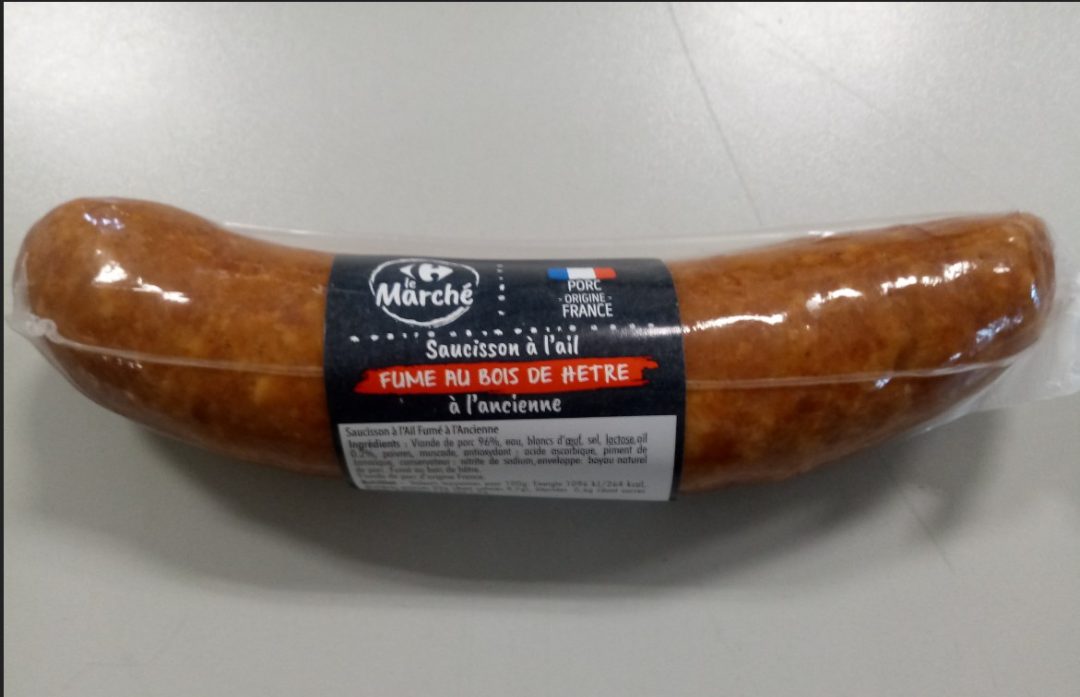 Saucisson a l'ail fume au bois de hetre a l'ancienne Carrefour le Marche : photo du produit rappelé le 21/07/2026