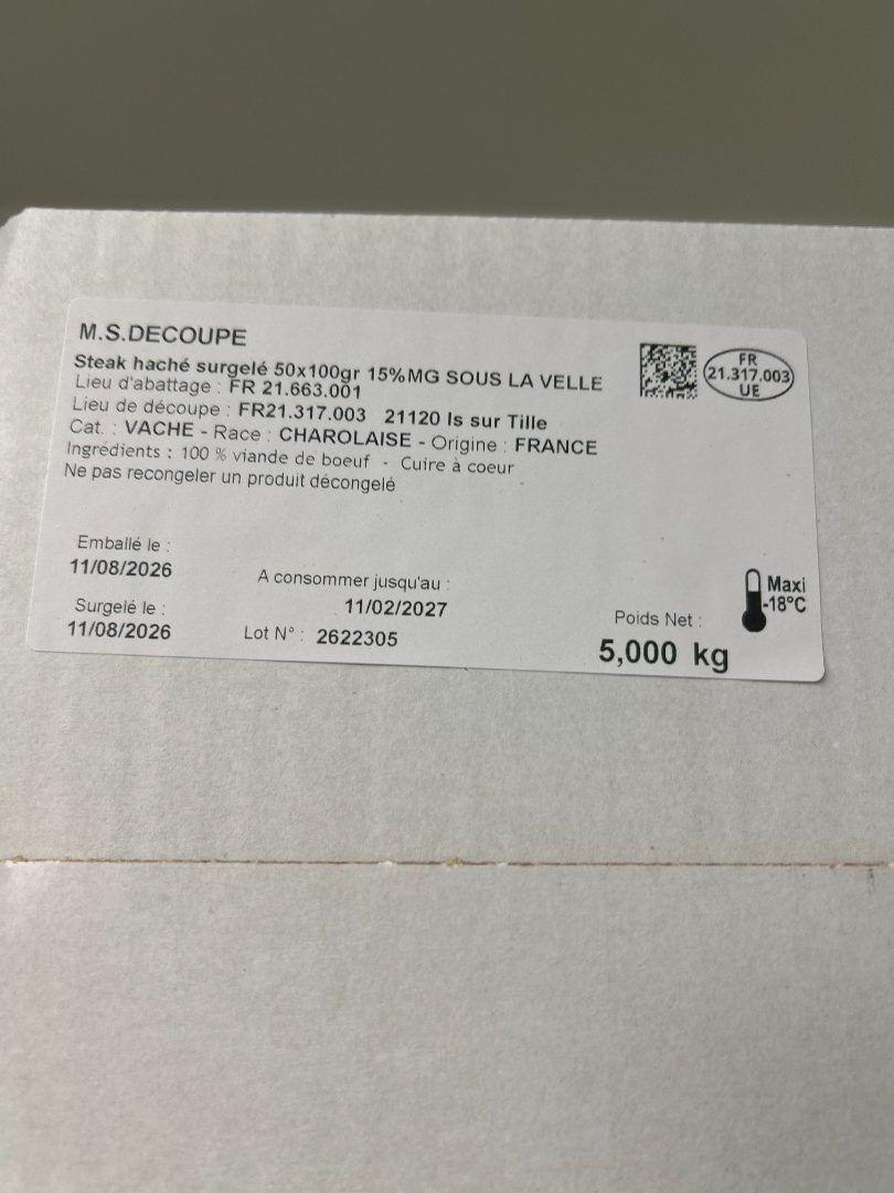 Steak haché de boeuf cru surgelé MS Decoupe et la Ferme de sous la Velle : photo 3 sur 4 du produit rappelé le 04/09/2026