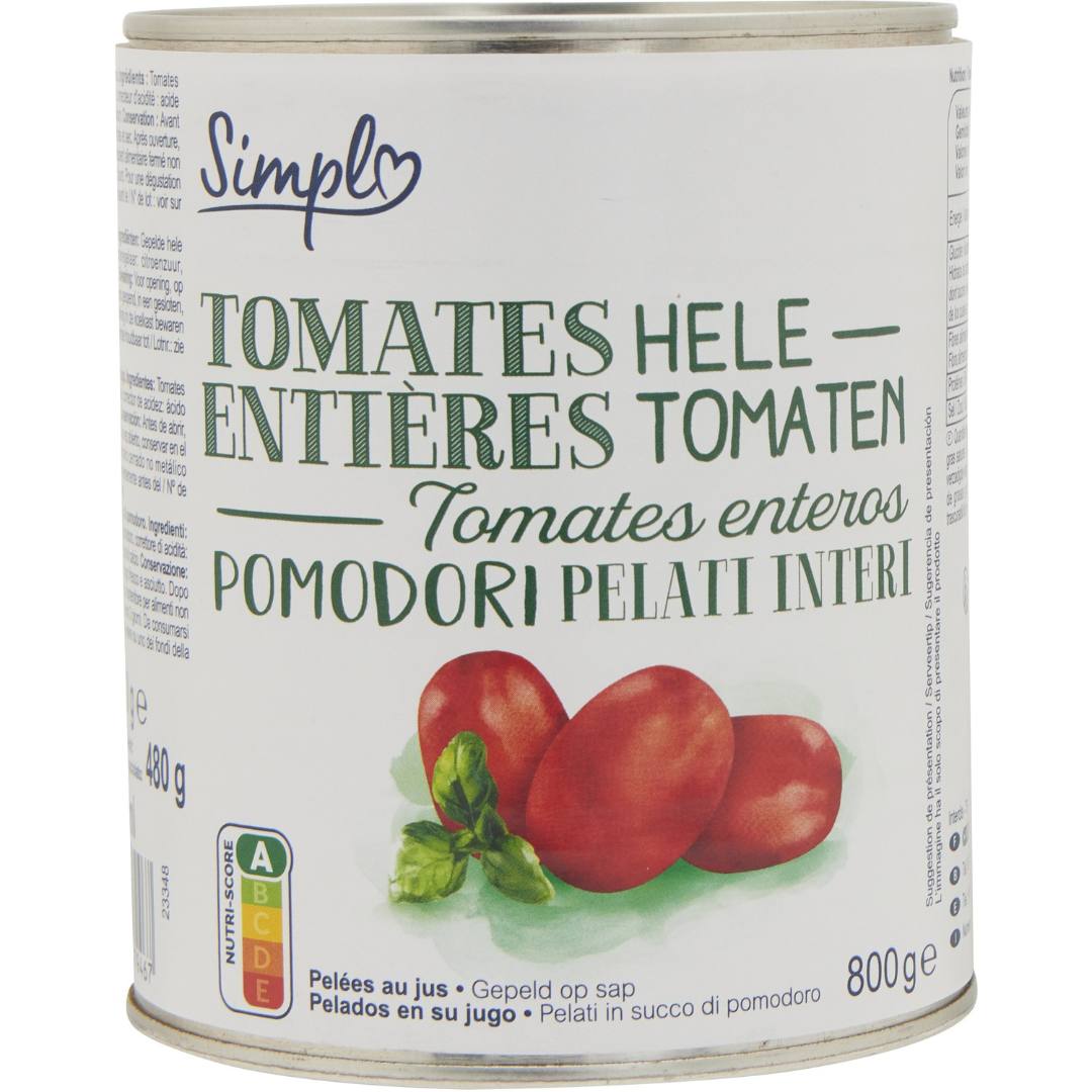 Tomates entières pelées au jus Simpl : photo du produit rappelé le 18/09/2026